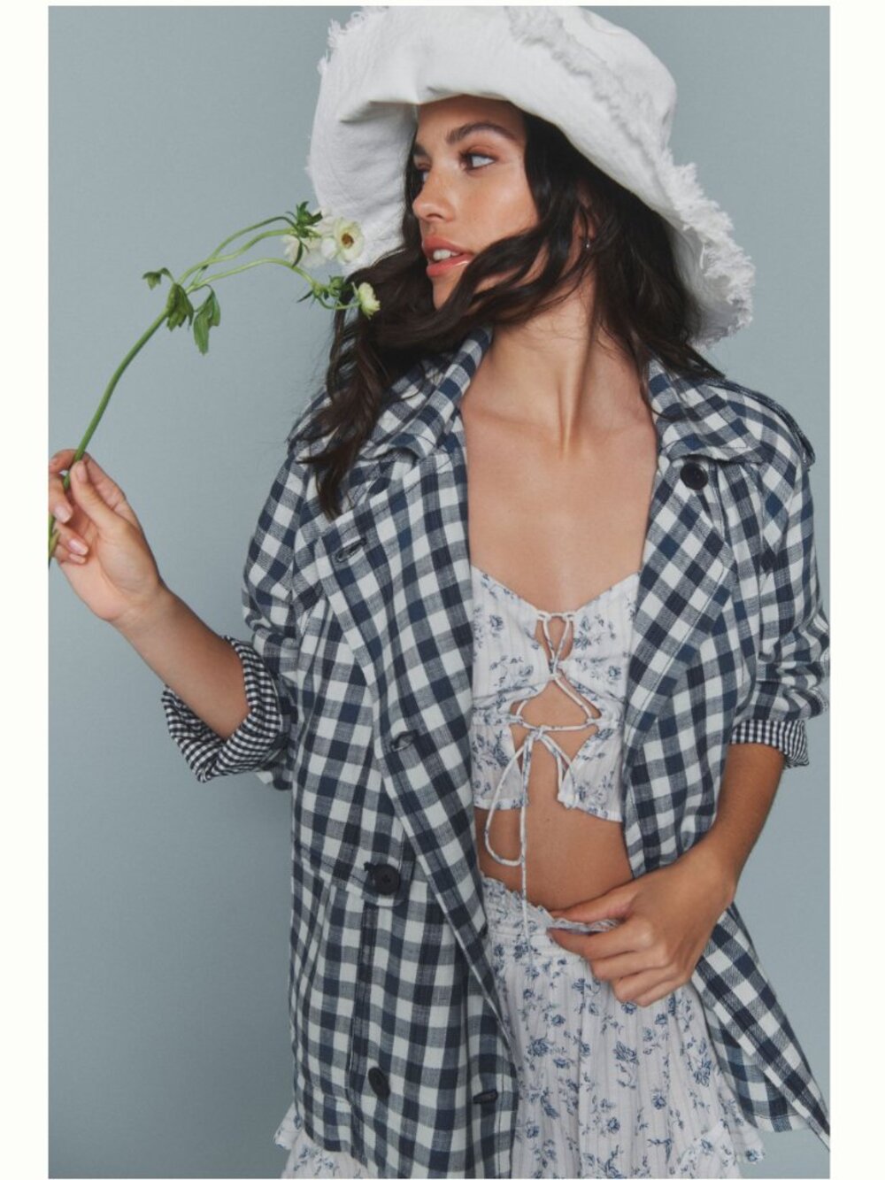 NWT Anthropologie Blue/White Gingham Cropped Trench Jacket in Women's X-Large